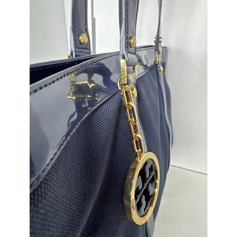 Tory Burch Canvas Jane Tote navy patient leather Shoulder Bag